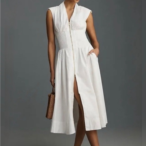 Anthropologie Dresses & Skirts - Anthropologie White Cotton Midi Dress NWT Smocked Waist Size Small Pockets Lined